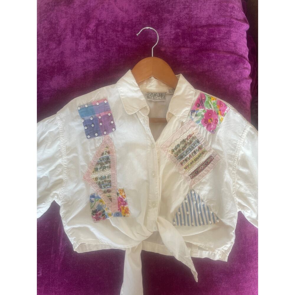 VINTAGE 90's Short Sleeve Top w Patches Granny Cottage Cat Lady Medium / M